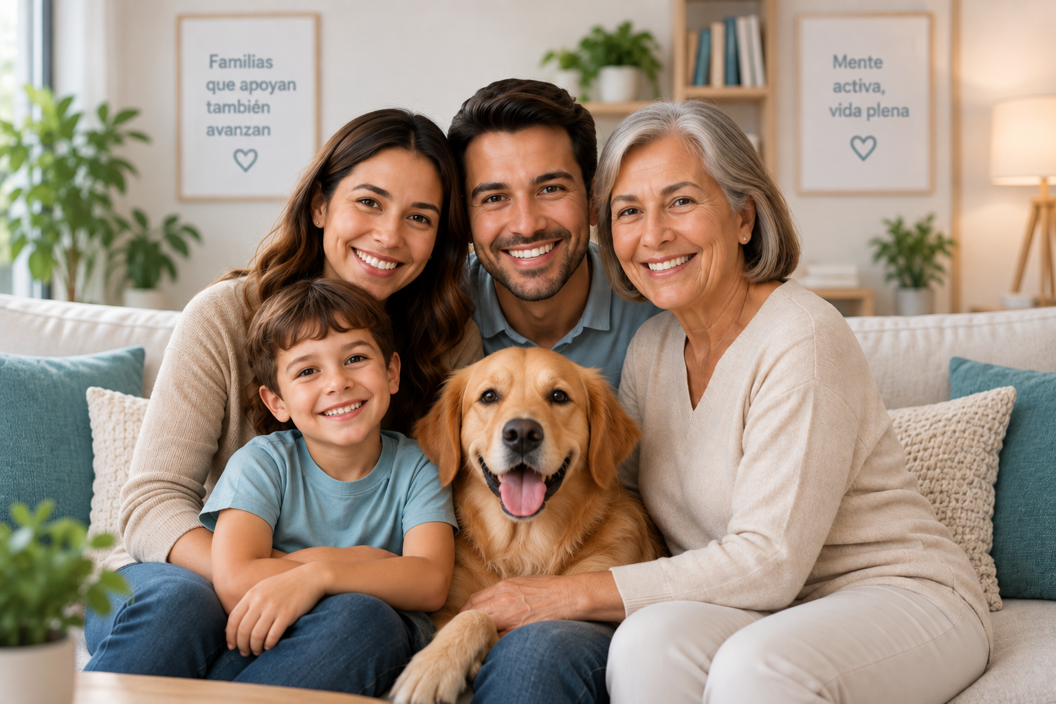 Familia sonriendo en casa